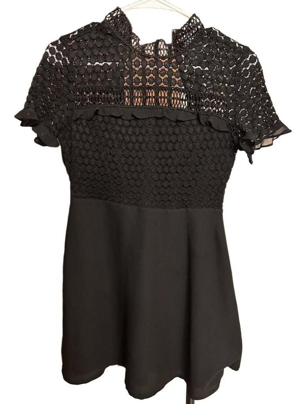 No Brand Mock Neck Ruffle Short Sleeve Mini Dress Size 0 Black Lace